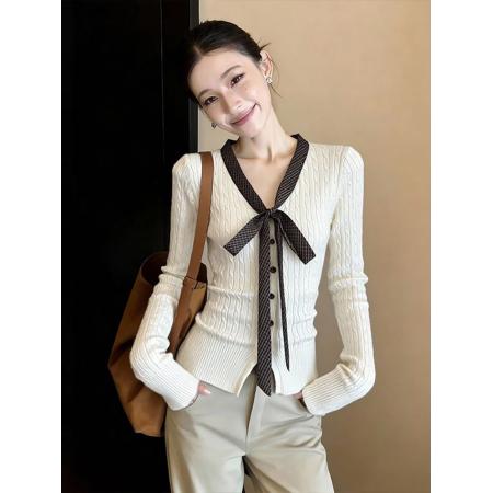FA54605# 甜美V领蝴蝶结设计感针织开衫秋冬内搭修身上衣女  服裝批發女裝批發服飾貨源