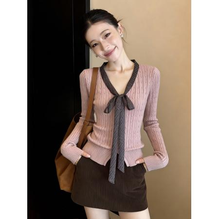 FA54605# 甜美V领蝴蝶结设计感针织开衫秋冬内搭修身上衣女  服裝批發女裝批發服飾貨源