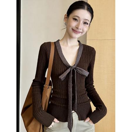 FA54605# 甜美V领蝴蝶结设计感针织开衫秋冬内搭修身上衣女  服裝批發女裝批發服飾貨源