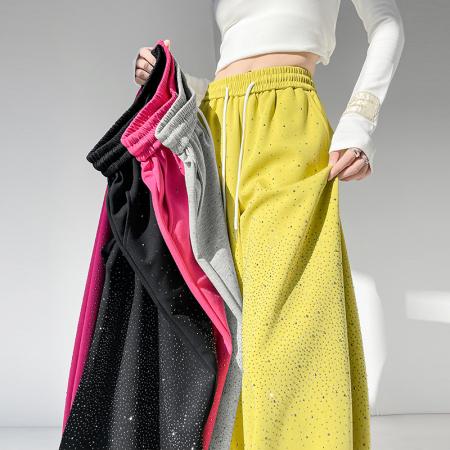 FA54606# 春秋新款重工烫钻时尚两穿弯刀裤休闲阔腿裤运动卫裤香蕉裤女  服裝批發女裝批發服飾貨源