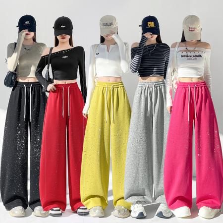 FA54606# 春秋新款重工烫钻时尚两穿弯刀裤休闲阔腿裤运动卫裤香蕉裤女  服裝批發女裝批發服飾貨源