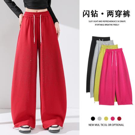 FA54606# 春秋新款重工烫钻时尚两穿弯刀裤休闲阔腿裤运动卫裤香蕉裤女  服裝批發女裝批發服飾貨源