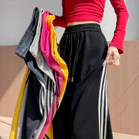 FA54607# 春季新款时尚高腰侧边条纹阔腿束脚两穿运动香蕉裤休闲卫裤  服裝批發女裝批發服飾貨源