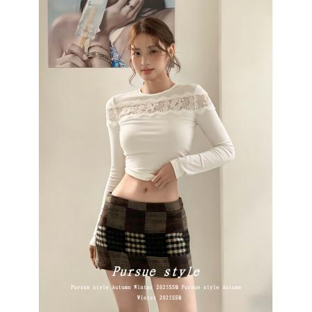 FA54608# 圆领长袖白色T恤女冬季修身收腰打底衫纯欲显瘦  服裝批發女裝批發服飾貨源