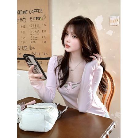 FA54610# 宋正恩粉拼条纹甜美长袖t恤女春季修身显瘦独特内搭打底衫两件套  服裝批發女裝批發服飾貨源