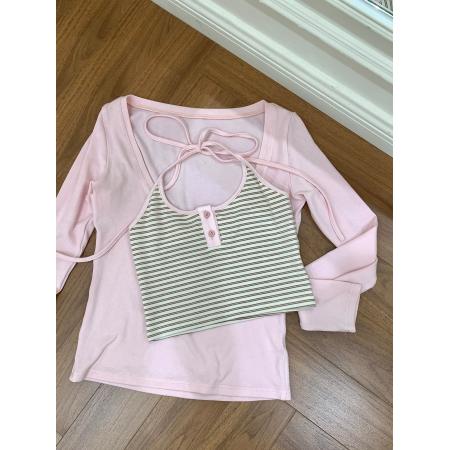 FA54610# 宋正恩粉拼条纹甜美长袖t恤女春季修身显瘦独特内搭打底衫两件套  服裝批發女裝批發服飾貨源