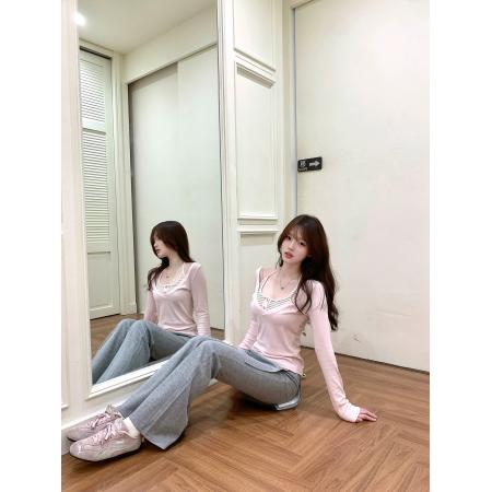 FA54610# 宋正恩粉拼条纹甜美长袖t恤女春季修身显瘦独特内搭打底衫两件套  服裝批發女裝批發服飾貨源