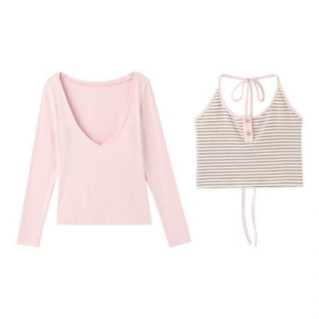 FA54610# 宋正恩粉拼条纹甜美长袖t恤女春季修身显瘦独特内搭打底衫两件套  服裝批發女裝批發服飾貨源