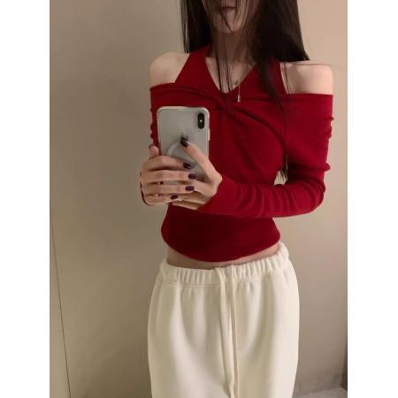 FA54611# 白色一字肩假两件挂脖长袖针织打底衫女秋冬内搭修身纯欲露肩上衣  服裝批發女裝批發服飾貨源