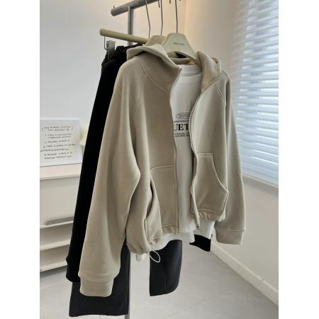 FA54613# 澳粒绒特大码300斤韩版百搭纯色双面绒开衫连帽卫衣女拉链外套冬  服裝批發女裝批發服飾貨源