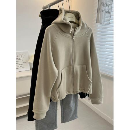 FA54613# 澳粒绒特大码300斤韩版百搭纯色双面绒开衫连帽卫衣女拉链外套冬  服裝批發女裝批發服飾貨源