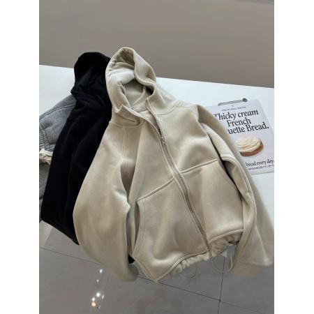 FA54613# 澳粒绒特大码300斤韩版百搭纯色双面绒开衫连帽卫衣女拉链外套冬  服裝批發女裝批發服飾貨源