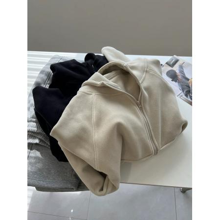 FA54613# 澳粒绒特大码300斤韩版百搭纯色双面绒开衫连帽卫衣女拉链外套冬  服裝批發女裝批發服飾貨源