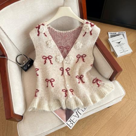 FA54614# 早春季新款甜美叠穿显瘦马甲女优雅外穿内搭立体花朵开衫背心  服裝批發女裝批發服飾貨源