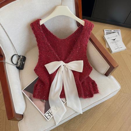 FA54615# 早春季新款高品质工艺亮片马甲女洋气优雅叠穿蝴蝶结气质上衣  服裝批發女裝批發服飾貨源