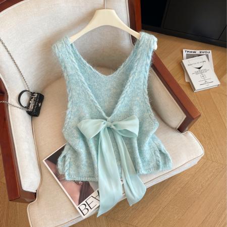 FA54615# 早春季新款高品质工艺亮片马甲女洋气优雅叠穿蝴蝶结气质上衣  服裝批發女裝批發服飾貨源