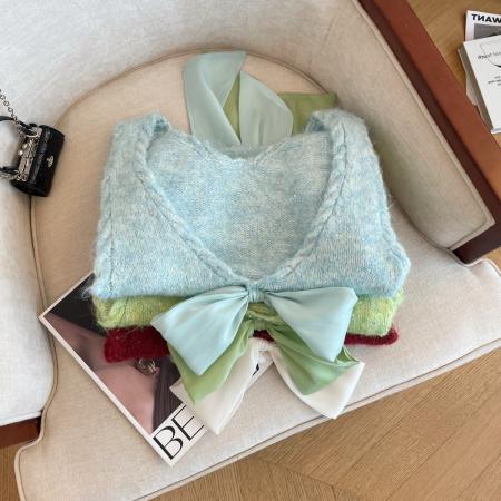 FA54615# 早春季新款高品质工艺亮片马甲女洋气优雅叠穿蝴蝶结气质上衣  服裝批發女裝批發服飾貨源