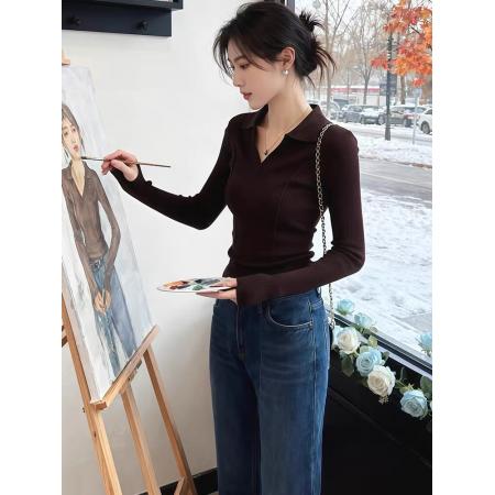 FA54619# 今年流行爆款法式半开领修身显瘦洋气打底衫毛针织衫气质休闲上衣  服裝批發女裝批發服飾貨源
