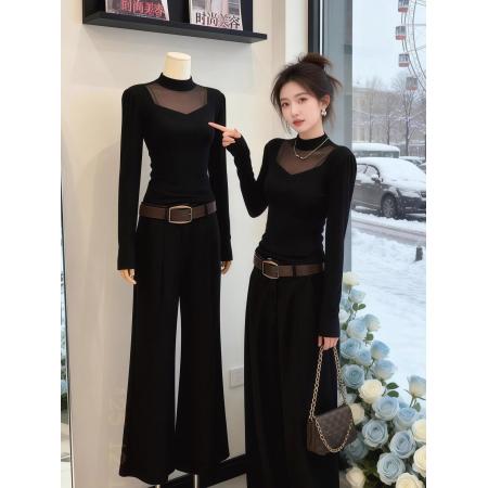 FA54620# 时尚半高领拼接网纱洋气长袖T恤女春秋新款修身显瘦内搭上衣  服裝批發女裝批發服飾貨源