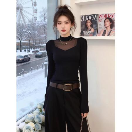 FA54620# 时尚半高领拼接网纱洋气长袖T恤女春秋新款修身显瘦内搭上衣  服裝批發女裝批發服飾貨源