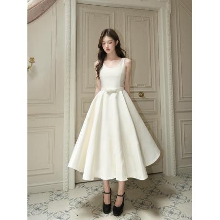 FA54622# 蝴蝶结U领赫本长裙/法式收腰无袖连衣裙礼裙气质女  服裝批發女裝批發服飾貨源