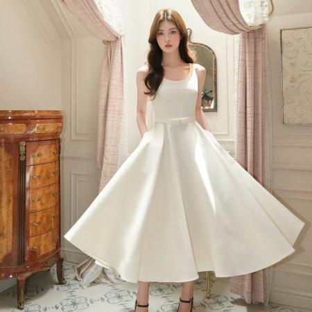 FA54622# 蝴蝶结U领赫本长裙/法式收腰无袖连衣裙礼裙气质女  服裝批發女裝批發服飾貨源