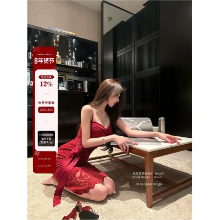 FA54623# 杜总家红玫瑰*女人味红色雪尼尔蕾丝性感纯欲气质吊带连衣长裙  服裝批發女裝批發服飾貨源