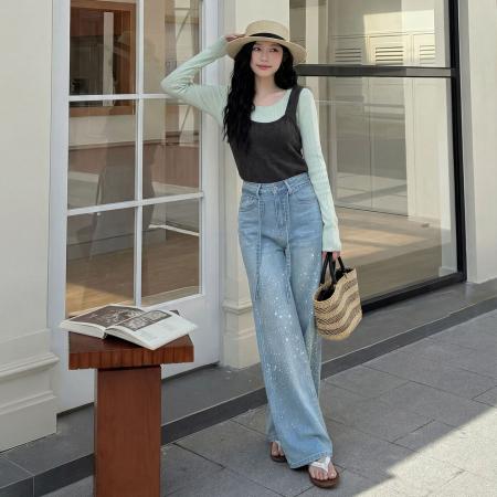 FA54624# 欧货烫钻亮闪闪直筒牛仔裤女春季新款时尚重工高级感阔腿裤  服裝批發女裝批發服飾貨源