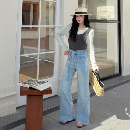 FA54624# 欧货烫钻亮闪闪直筒牛仔裤女春季新款时尚重工高级感阔腿裤  服裝批發女裝批發服飾貨源