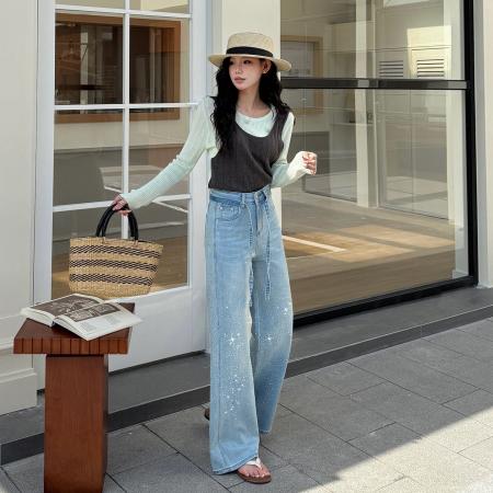 FA54624# 欧货烫钻亮闪闪直筒牛仔裤女春季新款时尚重工高级感阔腿裤  服裝批發女裝批發服飾貨源