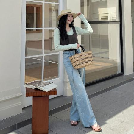 FA54624# 欧货烫钻亮闪闪直筒牛仔裤女春季新款时尚重工高级感阔腿裤  服裝批發女裝批發服飾貨源