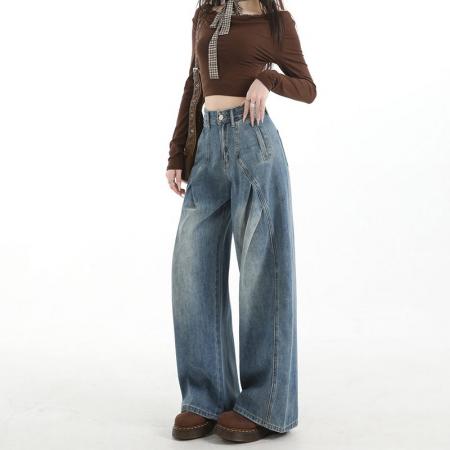 FA54625# 美式复古褶皱牛仔裤女高街直筒阔腿裤宽松解构长裤子  服裝批發女裝批發服飾貨源