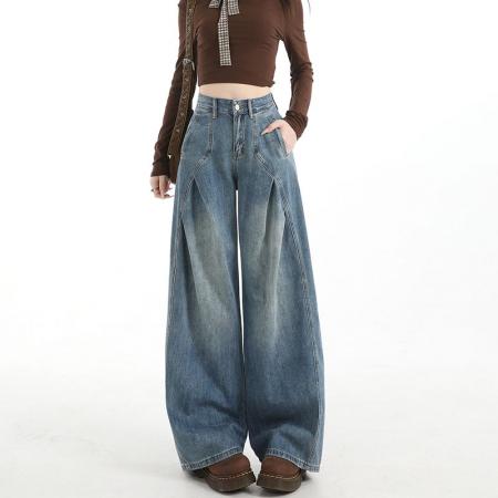 FA54625# 美式复古褶皱牛仔裤女高街直筒阔腿裤宽松解构长裤子  服裝批發女裝批發服飾貨源