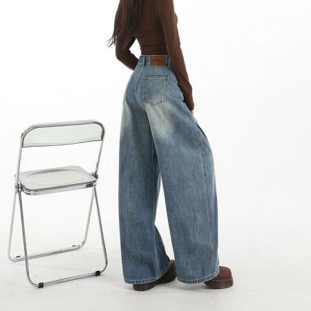 FA54625# 美式复古褶皱牛仔裤女高街直筒阔腿裤宽松解构长裤子  服裝批發女裝批發服飾貨源