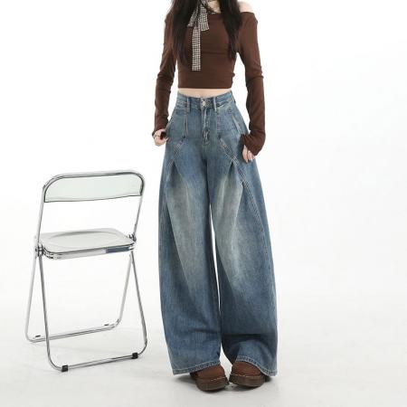 FA54625# 美式复古褶皱牛仔裤女高街直筒阔腿裤宽松解构长裤子  服裝批發女裝批發服飾貨源