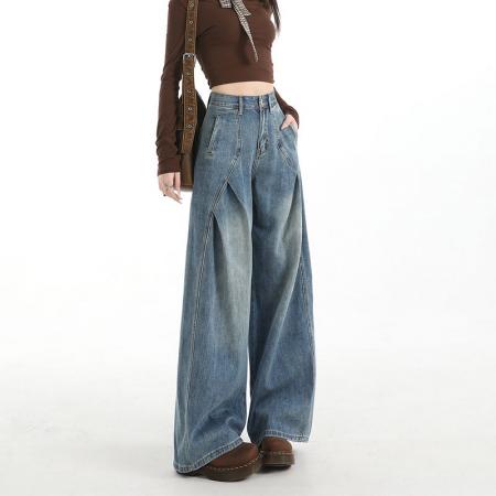 FA54625# 美式复古褶皱牛仔裤女高街直筒阔腿裤宽松解构长裤子  服裝批發女裝批發服飾貨源