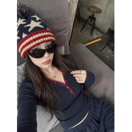 FA54626# 假两件撞色领纽扣叠穿修身显瘦打底上衣  服裝批發女裝批發服飾貨源