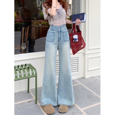 FA54628# 高腰直筒牛仔长裤女两粒扣设计感宽松阔腿微喇裤子  服裝批發女裝批發服飾貨源