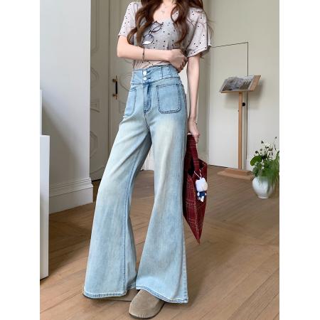 FA54628# 高腰直筒牛仔长裤女两粒扣设计感宽松阔腿微喇裤子  服裝批發女裝批發服飾貨源