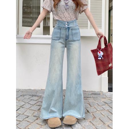 FA54628# 高腰直筒牛仔长裤女两粒扣设计感宽松阔腿微喇裤子  服裝批發女裝批發服飾貨源