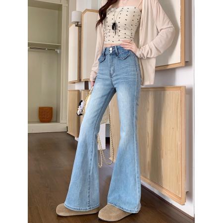 FA54629# 春季新款微喇叭牛仔长裤女腰头两粒扣设计感袋盖大裤脚拖地裤子  服裝批發女裝批發服飾貨源