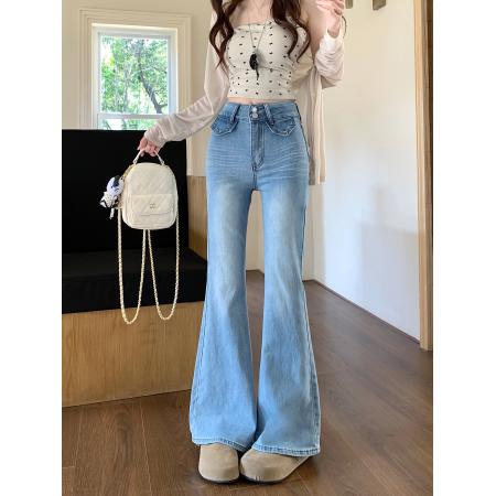 FA54629# 春季新款微喇叭牛仔长裤女腰头两粒扣设计感袋盖大裤脚拖地裤子  服裝批發女裝批發服飾貨源