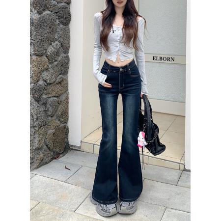 FA54630# 新款弹力修身微喇叭牛仔长裤女设计感袋盖拖地马蹄裤子  服裝批發女裝批發服飾貨源