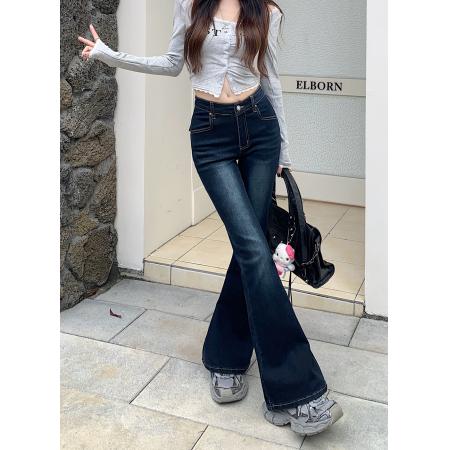 FA54630# 新款弹力修身微喇叭牛仔长裤女设计感袋盖拖地马蹄裤子  服裝批發女裝批發服飾貨源