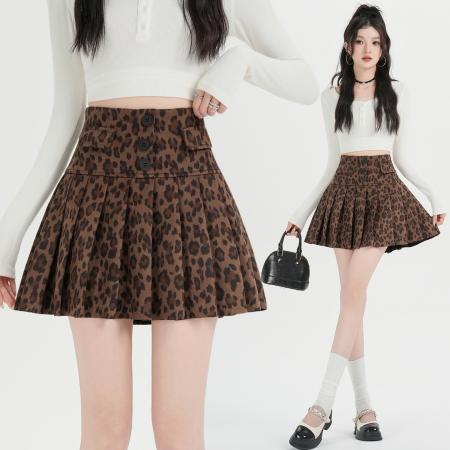 FA54631# 新款豹纹百褶短裙女高腰显瘦A字半身裙辣妹风防走光包臀裙  服裝批發女裝批發服飾貨源