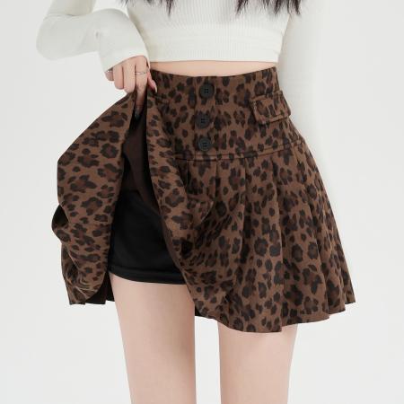 FA54631# 新款豹纹百褶短裙女高腰显瘦A字半身裙辣妹风防走光包臀裙  服裝批發女裝批發服飾貨源