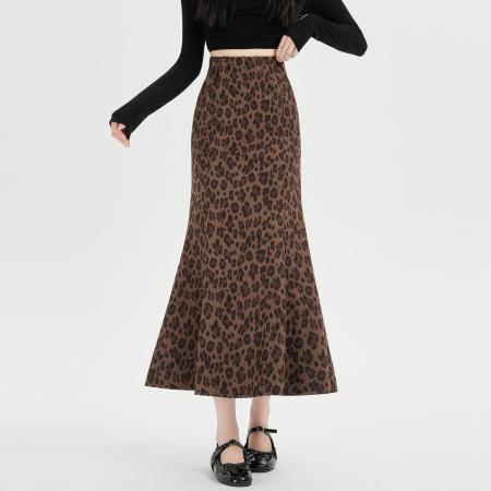 FA54632# 复古豹纹鱼尾长裙女高腰显瘦垂感包臀裙中长款气质百搭半身裙  服裝批發女裝批發服飾貨源