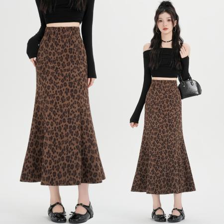 FA54632# 复古豹纹鱼尾长裙女高腰显瘦垂感包臀裙中长款气质百搭半身裙  服裝批發女裝批發服飾貨源