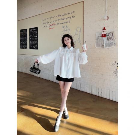 FA54634# 韩系小众设计蕾丝边拼接衬衫女长袖春季新款宽松显瘦休闲上衣  服裝批發女裝批發服飾貨源