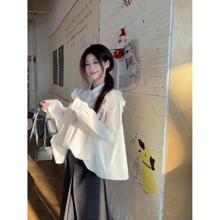 FA54634# 韩系小众设计蕾丝边拼接衬衫女长袖春季新款宽松显瘦休闲上衣  服裝批發女裝批發服飾貨源